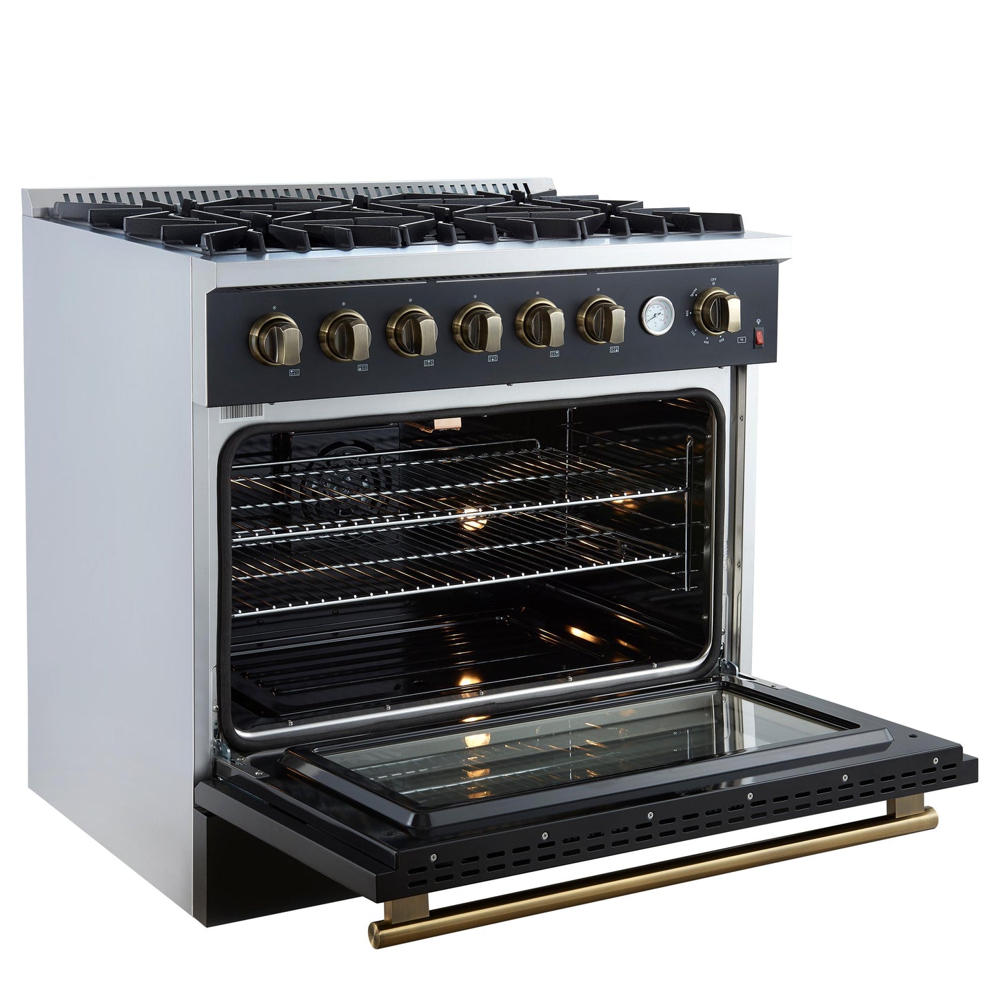 Forno FFSGS627736BLK Marco 36-Inch Gas Range Black & Antique Brass Design, 6 Burners 67,000 Btu, 5.36 Cu.Ft. Convection Oven