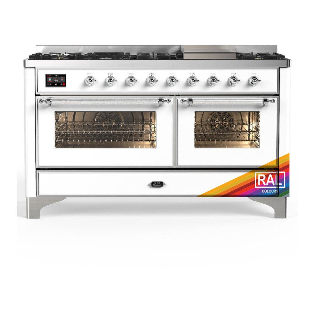 Ilve UM60FNR3RAC Ilve Um60Fnr3Rac Majestic Iii 60 Inch Dual Fuel Range With 9 Burners And Griddle, Dual Function Burner Up To 25,000 Btu (Natural Gas, Triple Glass Door, Ral, Chrome)