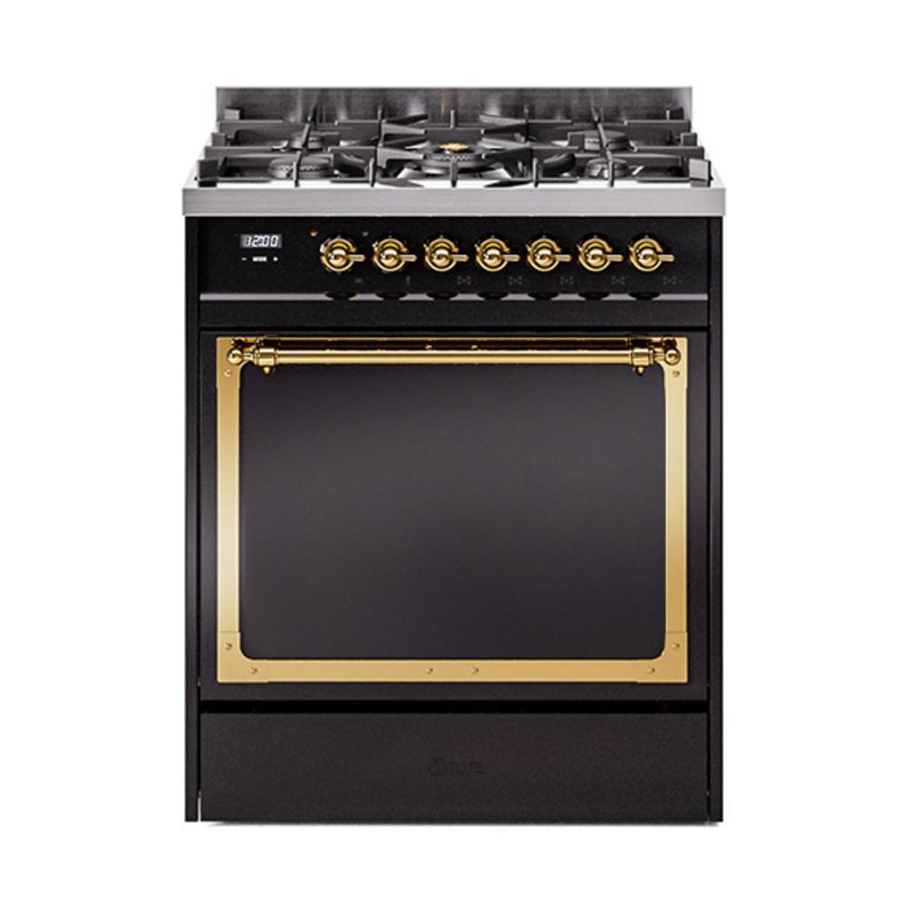 Ilve UN30QNMPBKG Ilve Un30Qnmpbkg Nostalgie Ii Noblesse 30" Dual Fuel Range (Natural Gas, Solid Door, Glossy Black, Brass)