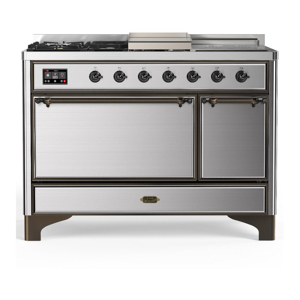 Ilve UM48FSQNR3SSB Ilve Um48Fsqnr3Ssb Majestic Iii 48 Inch Dual Fuel Range With 5 Black Brass Burners, Griddle And French Top, Dual Function Burner Up To 25,000 Btu (Natural Gas, Solid Door, Stainless Steel, Burnished)