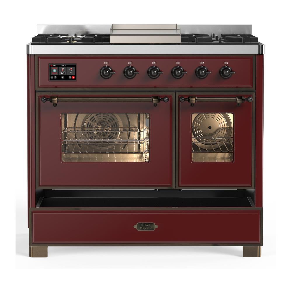Ilve UMD40FNR3BUB Ilve Umd40Fnr3Bub Majestic Iii 40 Inch Dual Fuel Range With 6 Burners And Griddle, Dual Function Burner Up To 25,000 Btu (Natural Gas, Triple Glass Door, Burgundy, Burnished)