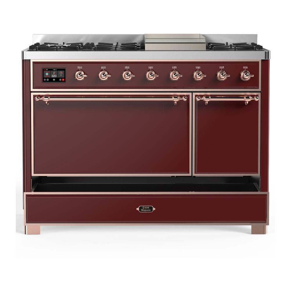 Ilve UM48FQNR3BUP Ilve Um48Fqnr3Bup Majestic Iii 48 Inch Dual Fuel Range With 8 Burners And Griddle, Dual Function Burner Up To 25,000 Btu (Natural Gas, Solid Door, Burgundy, Copper)