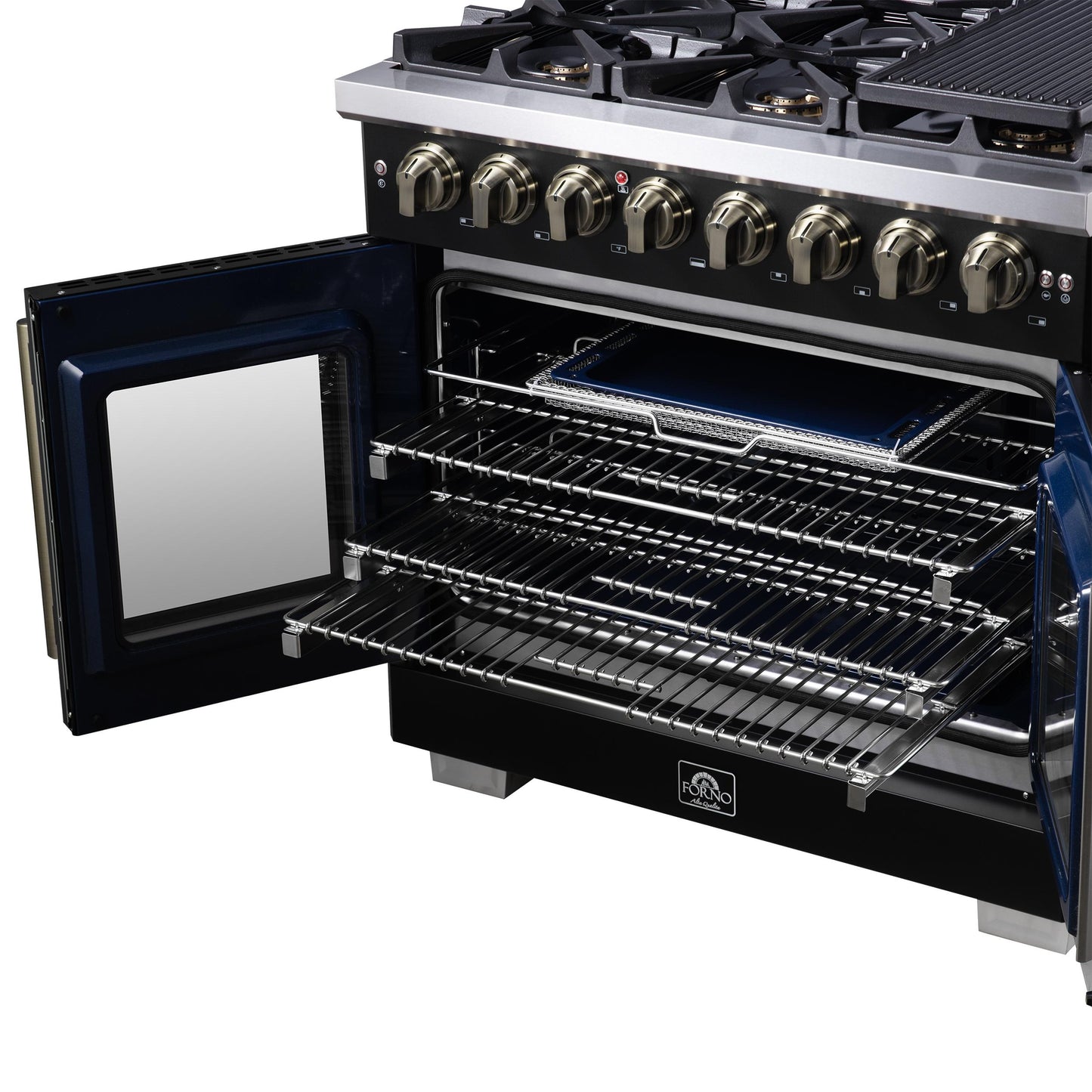 Forno FFSGS638736BLK Forno Capriasca 36 Inch Freestanding French Door Dual Fuel Range In Black With Antique Brass Accessories, 6 Burners, True Convection Oven