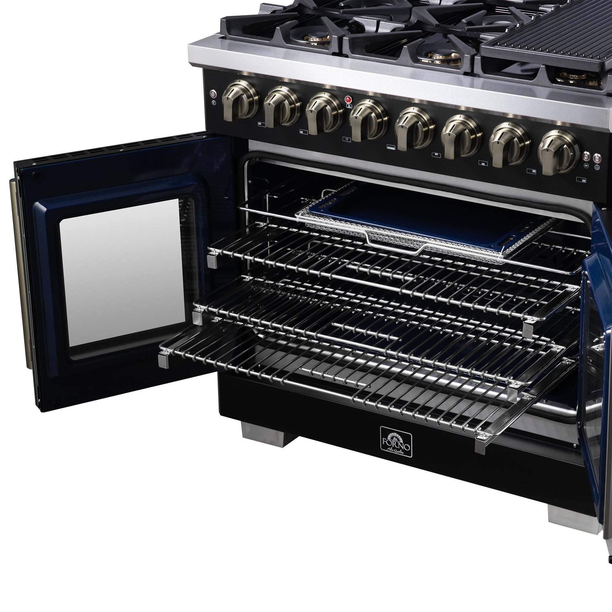 Forno FFSGS638736BLK Forno Capriasca 36 Inch Freestanding French Door Dual Fuel Range In Black With Antique Brass Accessories, 6 Burners, True Convection Oven