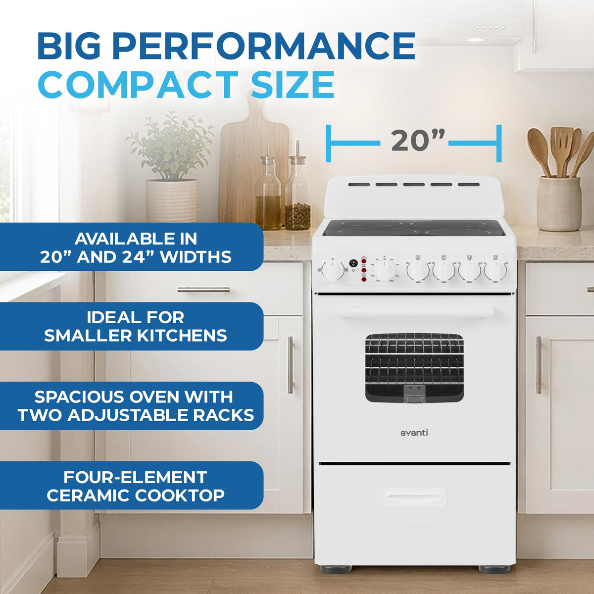 Avanti CERU200P0W Avanti 20-Inch Freestanding Electric Range With Ceramic Glass Cooktop, In White (Ceru200P0W)