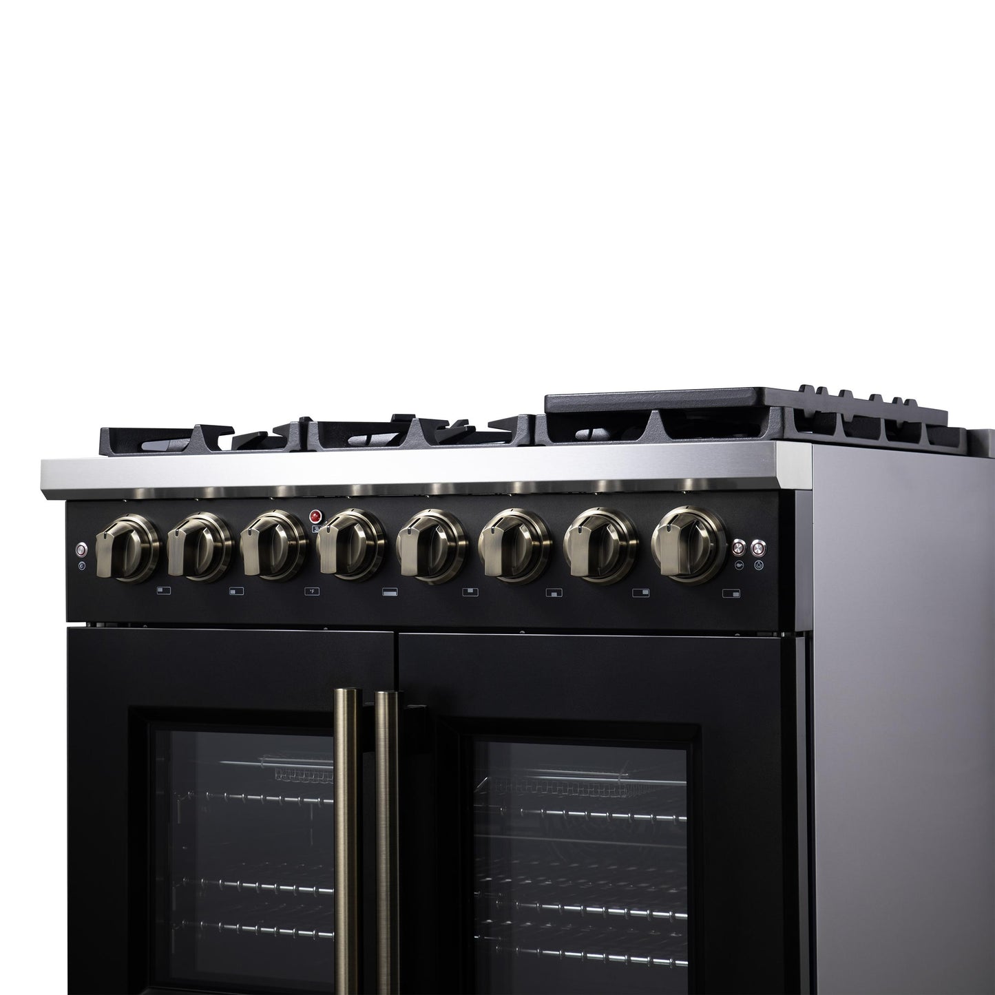 Forno FFSGS638736BLK Forno Capriasca 36 Inch Freestanding French Door Dual Fuel Range In Black With Antique Brass Accessories, 6 Burners, True Convection Oven