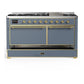 Ilve UM60FQNR3BGG Ilve Um60Fqnr3Bgg Majestic Iii 60 Inch Dual Fuel Range With 9 Burners And Griddle, Dual Function Burner Up To 25,000 Btu (Natural Gas, Solid Door, Blue Grey, Brass)