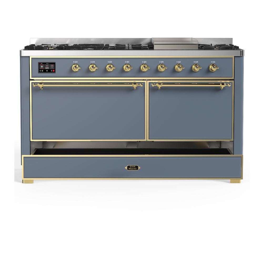 Ilve UM60FQNR3BGG Ilve Um60Fqnr3Bgg Majestic Iii 60 Inch Dual Fuel Range With 9 Burners And Griddle, Dual Function Burner Up To 25,000 Btu (Natural Gas, Solid Door, Blue Grey, Brass)