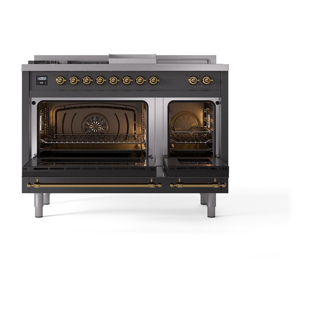Ilve UN48FSQNMPMGGLP Ilve Un48Fsqnmpmgglp Nostalgie Ii Noblesse 48" Dual Fuel Range (5 Sealed Burners + Griddle + French Top, Liquid Propane, Solid Door, Graphite Matte, Brass)