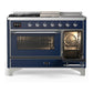 Ilve UM48FSNR3MBC Ilve Um48Fsnr3Mbc Majestic Iii 48 Inch Dual Fuel Range With 5 Black Brass Burners, Griddle And French Top, Dual Function Burner Up To 25,000 Btu (Natural Gas, Triple Glass Door, Midnight Blue, Chrome)