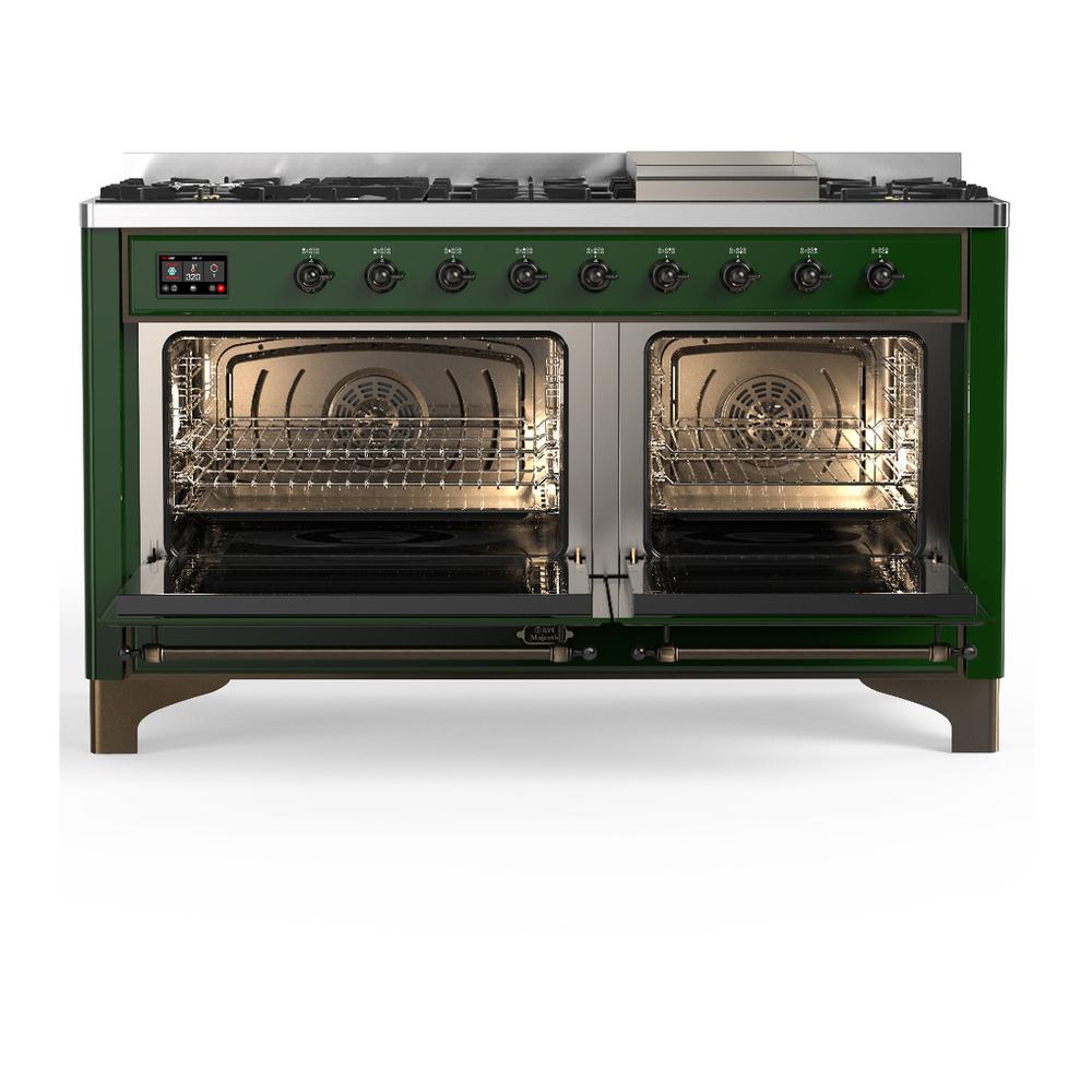 Ilve UM60FNR3EGBLP Ilve Um60Fnr3Egblp Majestic Iii 60 Inch Dual Fuel Range With 9 Burners And Griddle, Dual Function Burner Up To 25,000 Btu (Liquid Propane, Triple Glass Door, Emerald Green, Burnished)