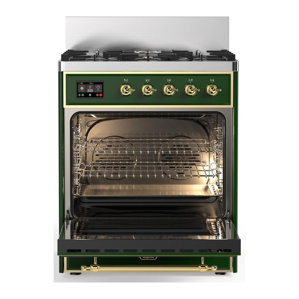Ilve UM30NR3EGG Ilve Um30Nr3Egg Majestic Iii 30 Inch Dual Fuel Range With 5 Black Brass Burners, Dual Function Burner Up To 25,000 Btu (Natural Gas, Triple Glass Door, Emerald Green, Brass)