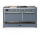 Ilve UM60FSQNR3BGC Ilve Um60Fsqnr3Bgc Majestic Iii 60 Inch Dual Fuel Range With 7 Burners, Griddle And French Top, Dual Function Burner With Up To 25,000 Btu (Natural Gas, Solid Door, Blue Grey, Chrome)