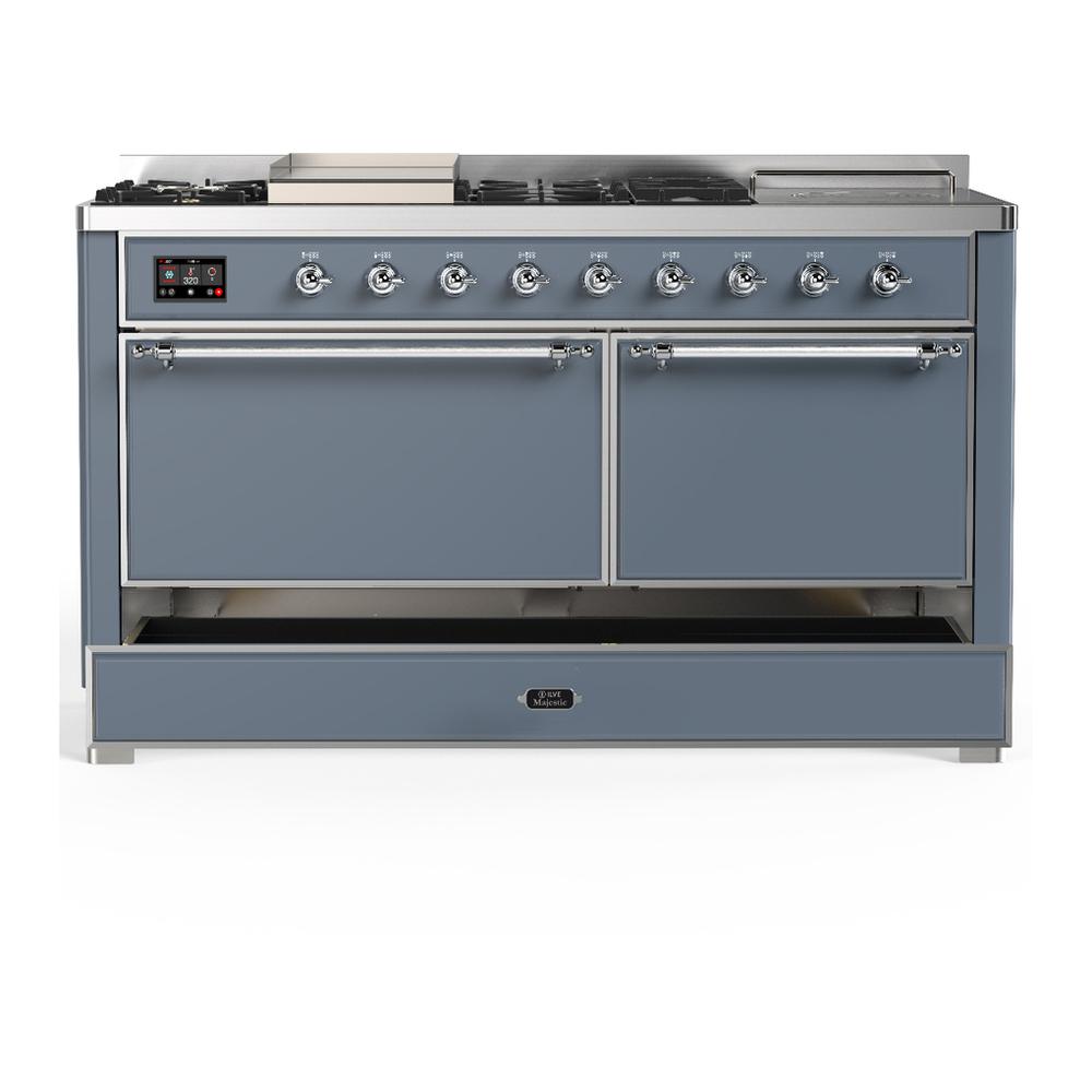 Ilve UM60FSQNR3BGC Ilve Um60Fsqnr3Bgc Majestic Iii 60 Inch Dual Fuel Range With 7 Burners, Griddle And French Top, Dual Function Burner With Up To 25,000 Btu (Natural Gas, Solid Door, Blue Grey, Chrome)