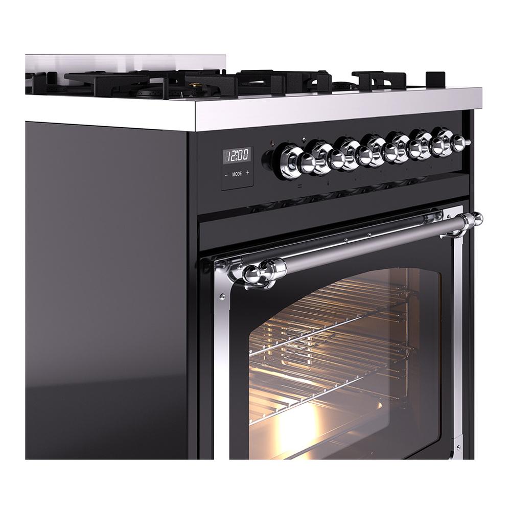 Ilve UN30NMPBKCLP Ilve Un30Nmpbkclp Nostalgie Ii Noblesse 30" Dual Fuel Range (Liquid Propane, Triple Glass Door, Glossy Black, Chrome)