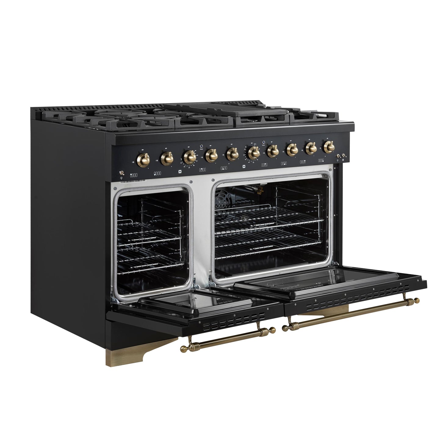 Forno FFSGS621948BLK Forno Antico 48-Inch Freestanding Gas Range, Black, Antique Brass Design, 8 Burners, Griddle, Double Ovens, Energy Efficient