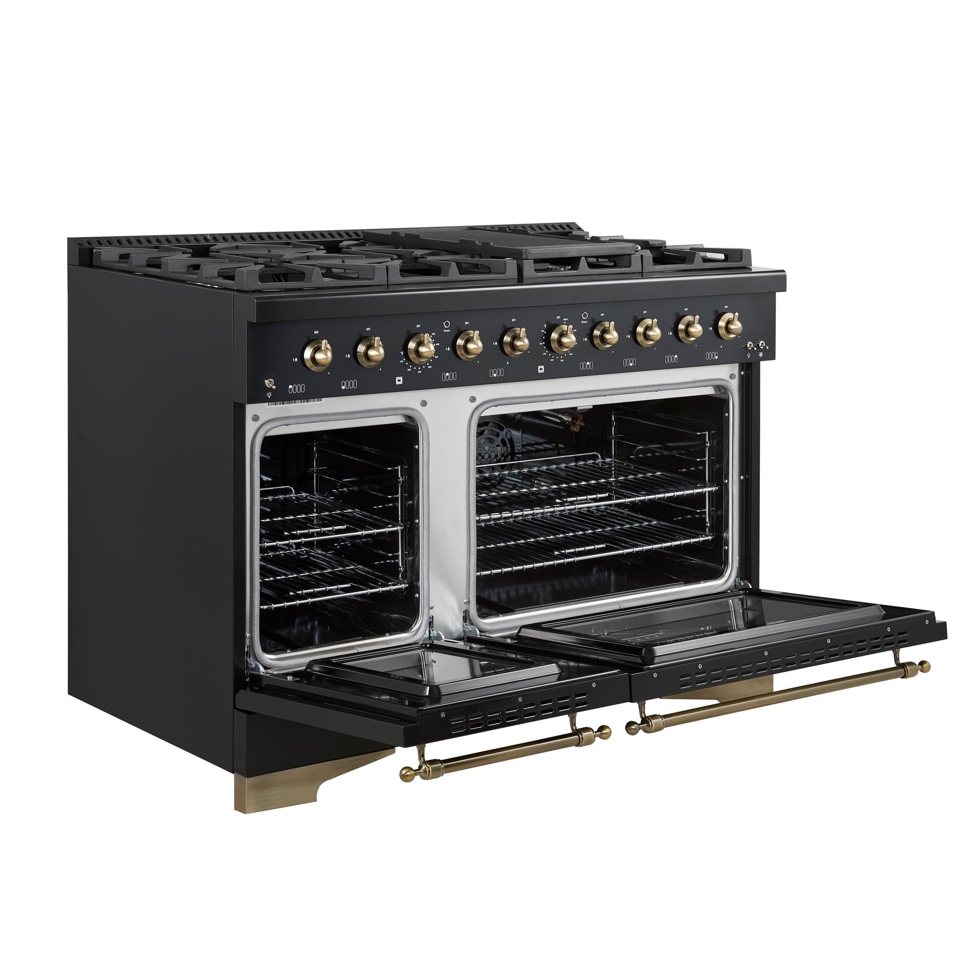 Forno FFSGS621948BLK Forno Antico 48-Inch Freestanding Gas Range, Black, Antique Brass Design, 8 Burners, Griddle, Double Ovens, Energy Efficient