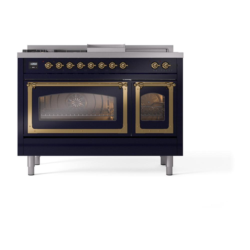 Ilve UN48FSNMPMBG Ilve Un48Fsnmpmbg Nostalgie Ii Noblesse 48" Dual Fuel Range (5 Sealed Burners + Griddle + French Top, Natural Gas, Triple Glass Door, Midnight Blue, Brass)