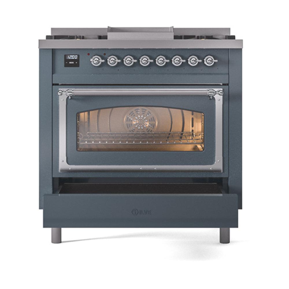 Ilve UN36FNMPBGCLP Ilve Un36Fnmpbgclp Nostalgie Ii Noblesse 36" Dual Fuel Range (Liquid Propane, Triple Glass Door, Blue Grey, Chrome)