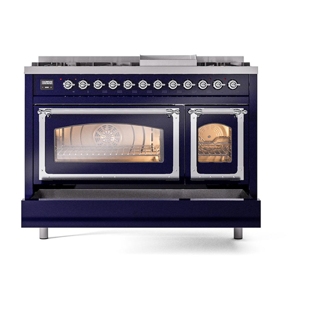 Ilve UN48FNMPMBC Ilve Un48Fnmpmbc Nostalgie Ii Noblesse 48" Dual Fuel Range (8 Sealed Burners + Griddle, Natural Gas, Triple Glass Door, Midnight Blue, Chrome)