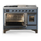 Ilve UM48FSNR3BGBLP Ilve Um48Fsnr3Bgblp Majestic Iii 48 Inch Dual Fuel Range With 5 Black Brass Burners, Griddle And French Top, Dual Function Burner Up To 25,000 Btu (Liquid Propane, Triple Glass Door, Blue Grey, Burnished)