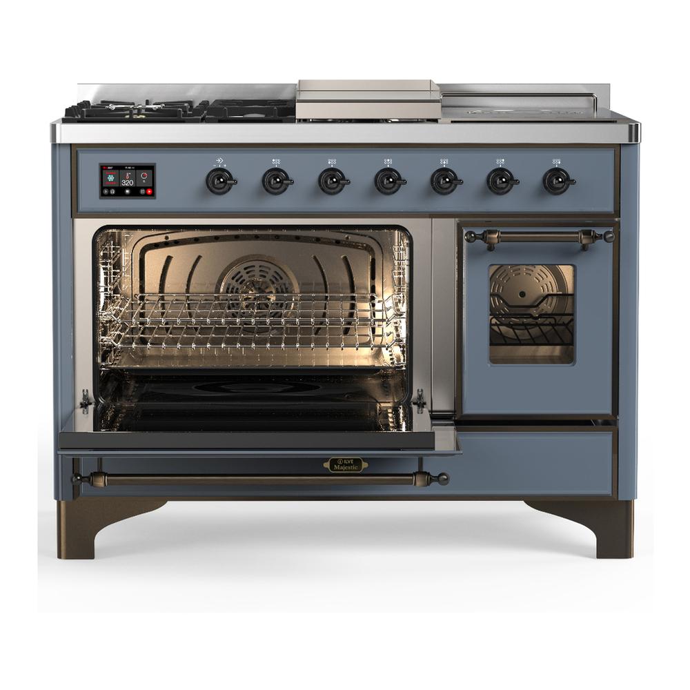 Ilve UM48FSNR3BGBLP Ilve Um48Fsnr3Bgblp Majestic Iii 48 Inch Dual Fuel Range With 5 Black Brass Burners, Griddle And French Top, Dual Function Burner Up To 25,000 Btu (Liquid Propane, Triple Glass Door, Blue Grey, Burnished)
