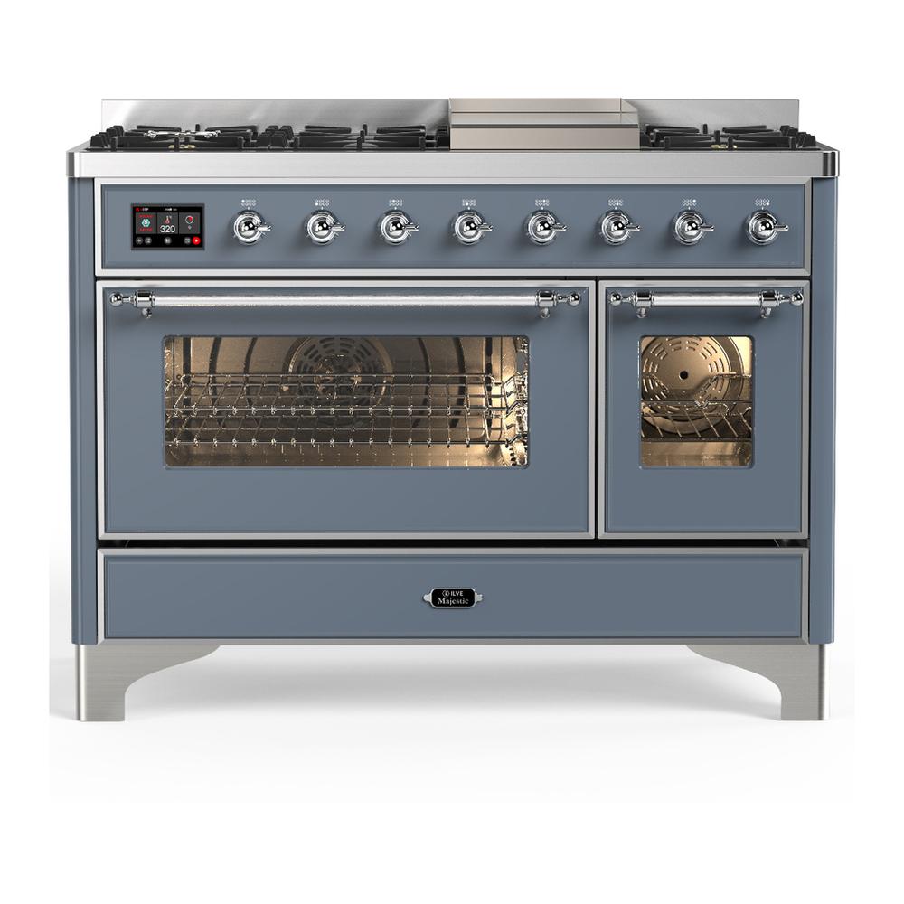 Ilve UM48FNR3BGCLP Ilve Um48Fnr3Bgclp Majestic Iii 48 Inch Dual Fuel Range With 8 Burners And Griddle, Dual Function Burner Up To 25,000 Btu (Liquid Propane, Triple Glass Door, Blue Grey, Chrome)