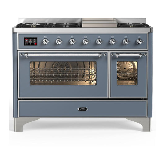 Ilve UM48FNR3BGCLP Ilve Um48Fnr3Bgclp Majestic Iii 48 Inch Dual Fuel Range With 8 Burners And Griddle, Dual Function Burner Up To 25,000 Btu (Liquid Propane, Triple Glass Door, Blue Grey, Chrome)