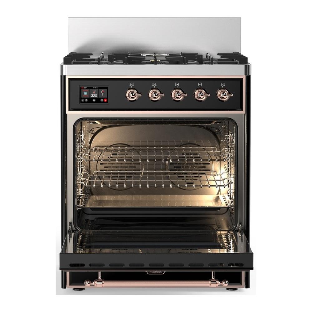 Ilve UM30QNR3BKPLP Ilve Um30Qnr3Bkplp Majestic Iii 30 Inch Dual Fuel Range With 5 Black Brass Burners, Dual Function Burner Up To 25,000 Btu (Liquid Propane, Solid Door, Glossy Black, Copper)