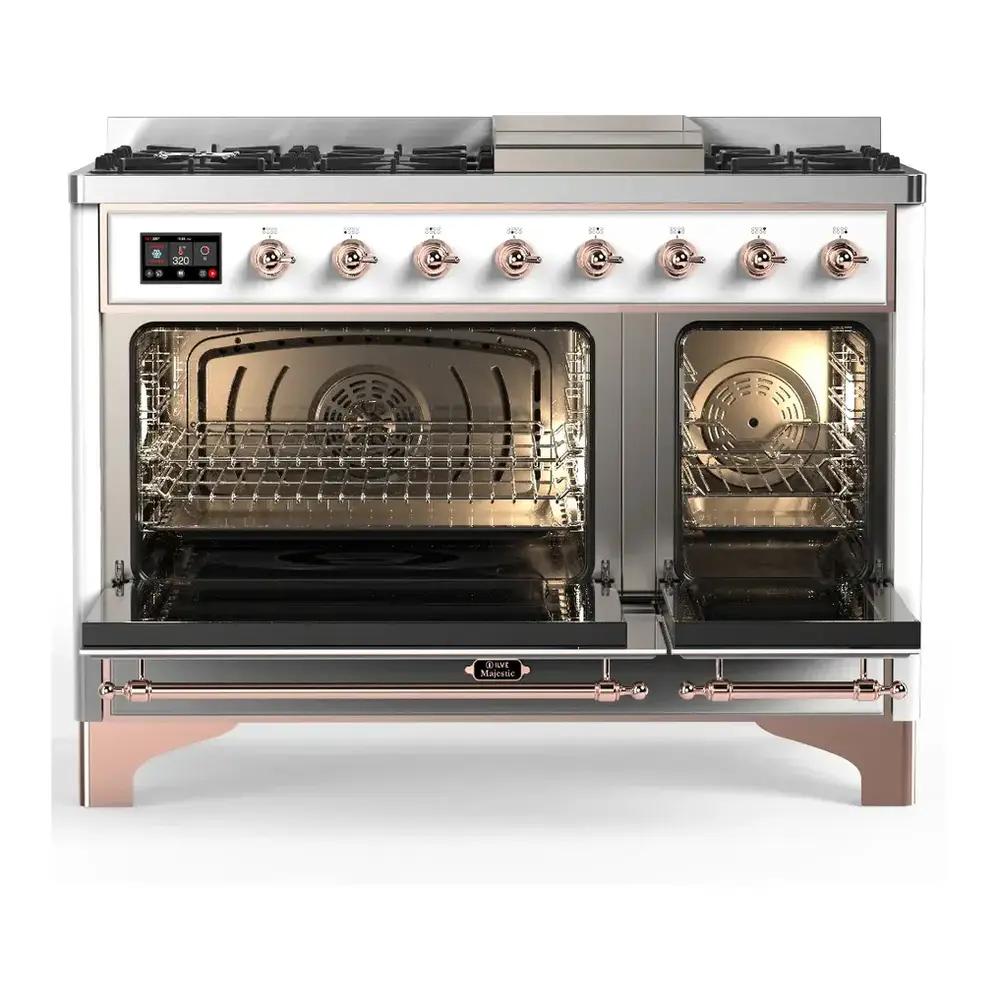 Ilve UM48FNR3RAP Ilve Um48Fnr3Rap Majestic Iii 48 Inch Dual Fuel Range With 8 Burners And Griddle, Dual Function Burner Up To 25,000 Btu (Natural Gas, Triple Glass Door, Ral, Copper)