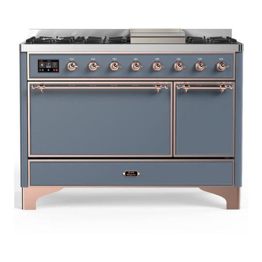 Ilve UM48FQNR3BGP Ilve Um48Fqnr3Bgp Majestic Iii 48 Inch Dual Fuel Range With 8 Burners And Griddle, Dual Function Burner Up To 25,000 Btu (Natural Gas, Solid Door, Blue Grey, Copper)