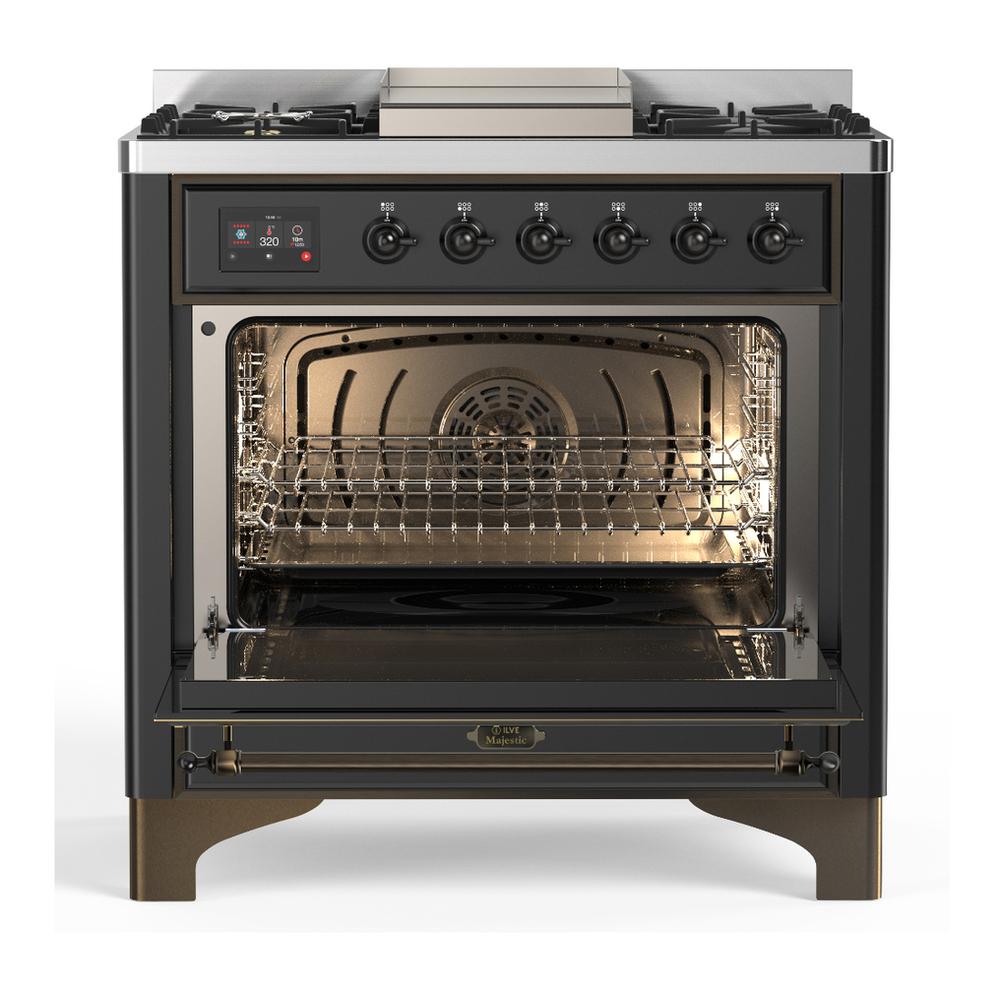 Ilve UM36FQNR3MGB Ilve Um36Fqnr3Mgb Majestic Iii 36 Inch Dual Fuel Range With 6 Black Brass Burners And Griddle, Dual Function Burner Up To 25,000 Btu (Solid Door, Graphite Matte, Burnished, Natural Gas)