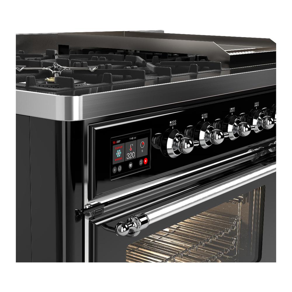 Ilve UM48FNR3BKC Ilve Um48Fnr3Bkc Majestic Iii 48 Inch Dual Fuel Range With 8 Burners And Griddle, Dual Function Burner Up To 25,000 Btu (Natural Gas, Triple Glass Door, Glossy Black, Chrome)