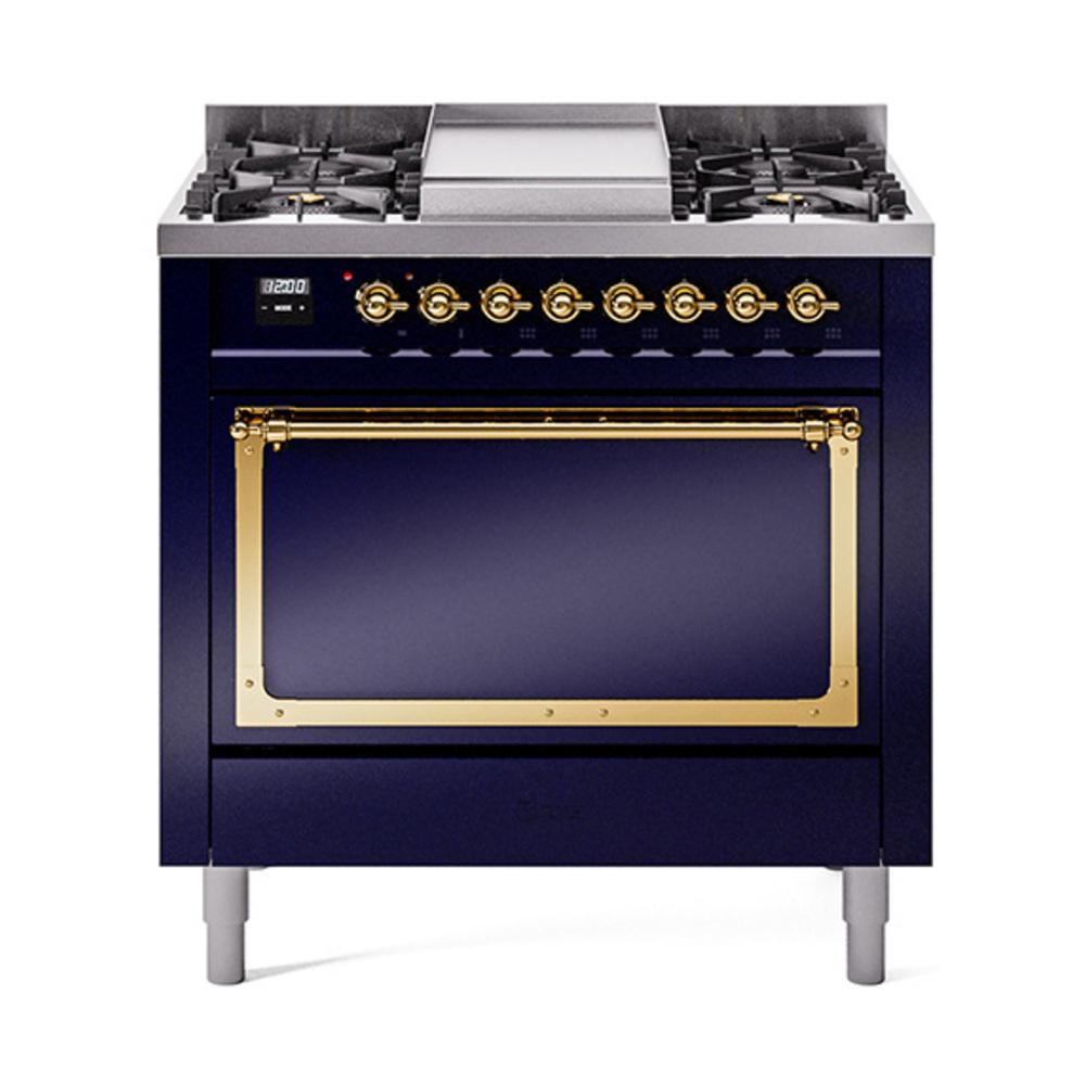 Ilve UN36FQNMPMBG Ilve Un36Fqnmpmbg Nostalgie Ii Noblesse 36" Dual Fuel Range (Natural Gas, Solid Door, Midnight Blue, Brass)