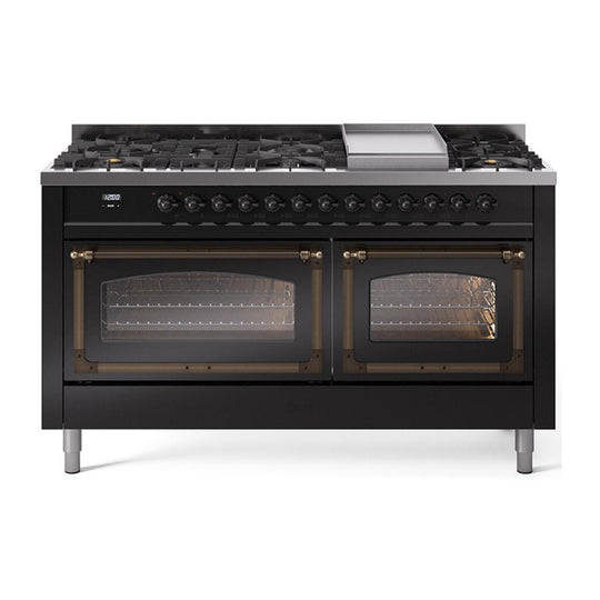 Ilve UN60FNMPBKB Ilve Un60Fnmpbkb Nostalgie Ii Noblesse 60" Dual Fuel Range (9 Sealed Burners + Griddle, Natural Gas, Triple Glass Door, Glossy Black, Burnished)