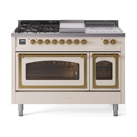 Ilve UN48FSNMPAWGLP Ilve Un48Fsnmpawglp Nostalgie Ii Noblesse 48" Dual Fuel Range (5 Sealed Burners + Griddle + French Top, Liquid Propane, Triple Glass Door, Antique White, Brass)