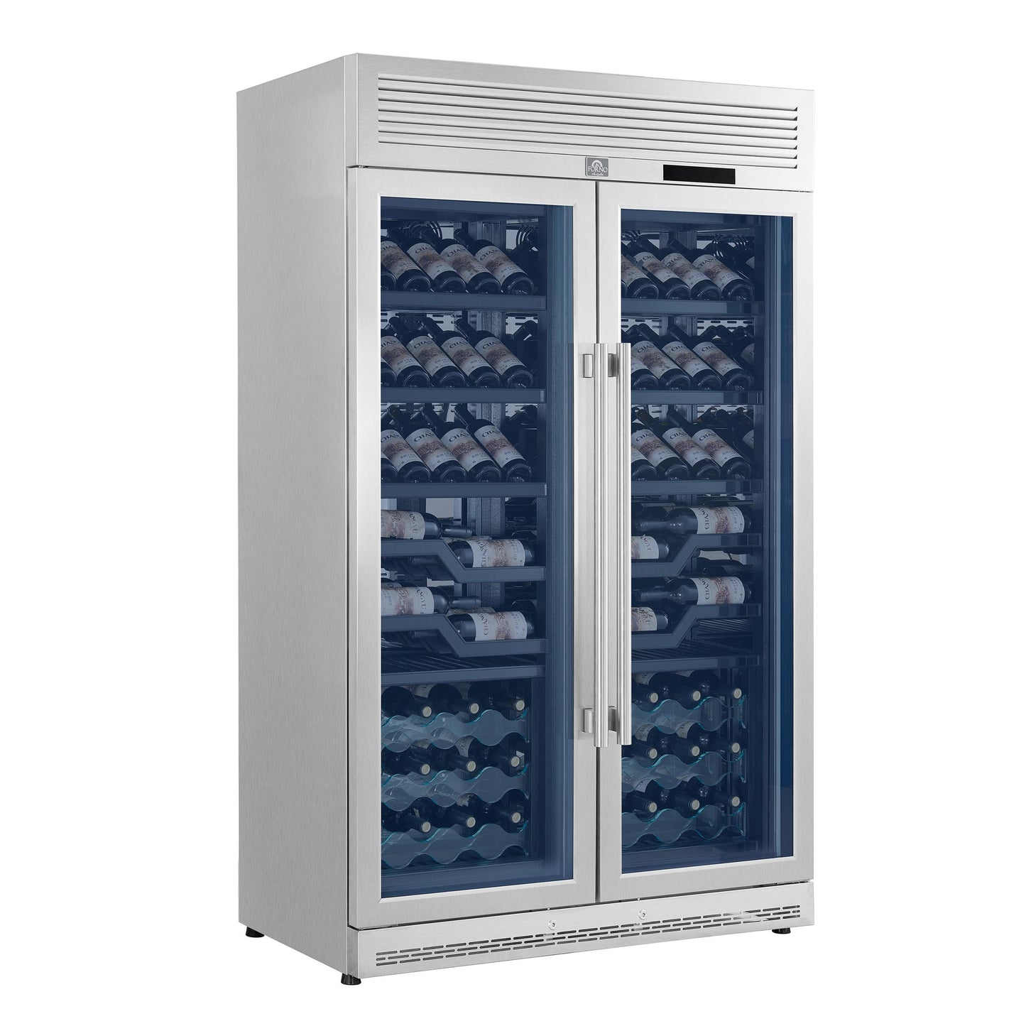 Forno FWCDR661048S Forno Abruzzo 48-Inch Dual Zones Wine Cellar, 102 Bottles, 24 Cu. Ft., Green Acrylic Holders & Black Shelves