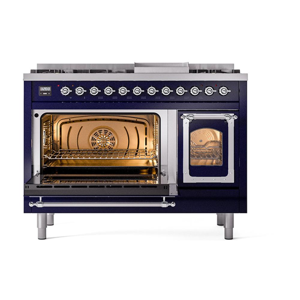 Ilve UN48FNMPMBC Ilve Un48Fnmpmbc Nostalgie Ii Noblesse 48" Dual Fuel Range (8 Sealed Burners + Griddle, Natural Gas, Triple Glass Door, Midnight Blue, Chrome)