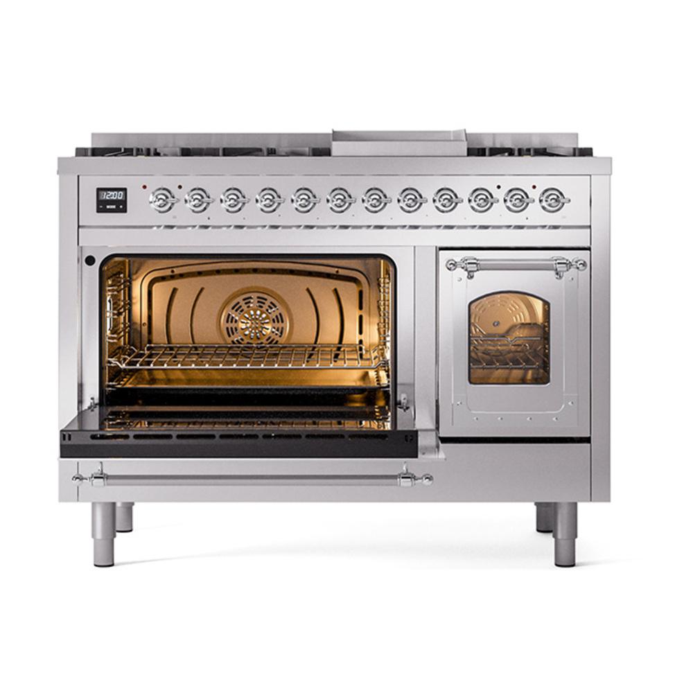 Ilve UN48FNMPSSC Ilve Un48Fnmpssc Nostalgie Ii Noblesse 48" Dual Fuel Range (8 Sealed Burners + Griddle, Natural Gas, Triple Glass Door, Stainless Steel, Chrome)