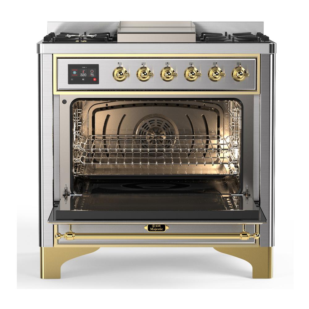 Ilve UM36FQNR3SSG Ilve Um36Fqnr3Ssg Majestic Iii 36 Inch Dual Fuel Range With 6 Black Brass Burners And Griddle, Dual Function Burner Up To 25,000 Btu (Solid Door, Stainless Steel, Brass, Natural Gas)