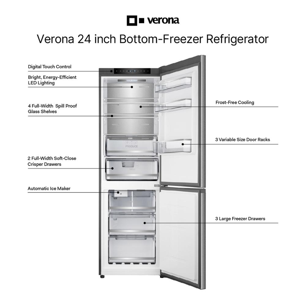 Verona VEFBF2411RISL Verona Vefbf2411Risl 24 Inch Bottom Freezer Refrigerator With 11.4 Cu. Ft. Total Capacity, Automatic Ice Maker, Sabbath Mode, Energy Star In Stainless Steel Look