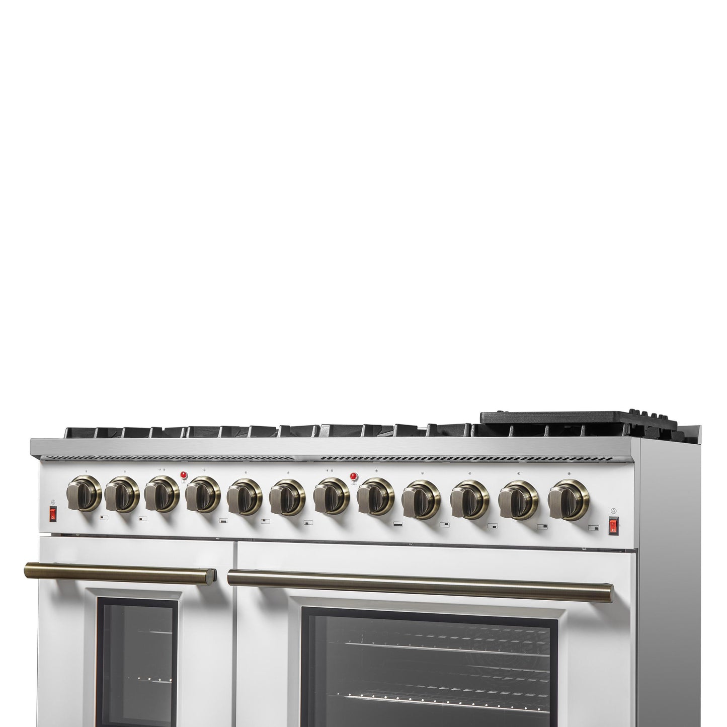 Forno FFSGS615648WHT Galiano 48-Inch Dual Fuel Range White & Antique Brass Design With 8 Sealed Burners 107,000 Btu, 6.58 Cu. Ft. Double Ovens & Griddle