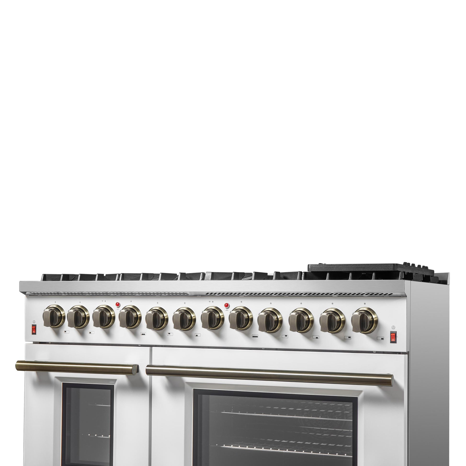 Forno FFSGS615648WHT Galiano 48-Inch Dual Fuel Range White & Antique Brass Design With 8 Sealed Burners 107,000 Btu, 6.58 Cu. Ft. Double Ovens & Griddle