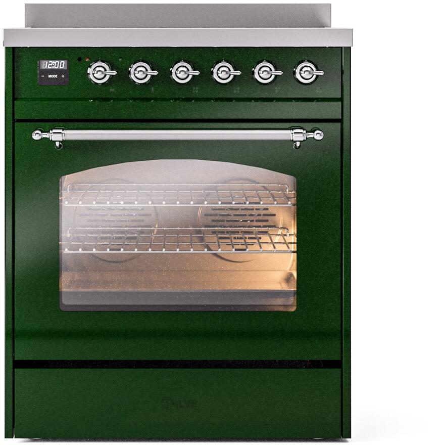 Ilve UPI304NMPEGC Nostalgie Ii 30 Inch Electric Freestanding Range In Emerald Green With Chrome Trim