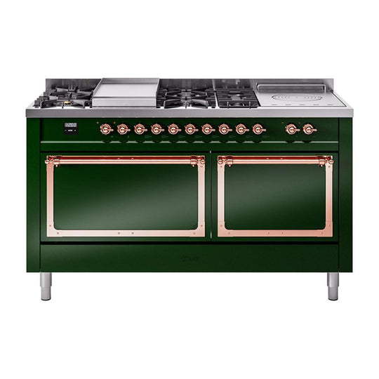 Ilve UN60FSQNMPEGP Ilve Un60Fsqnmpegp Nostalgie Ii Noblesse 60" Dual Fuel Range (7 Sealed Burners + Griddle + French Top, Natural Gas, Solid Door, Emerald Green, Copper)