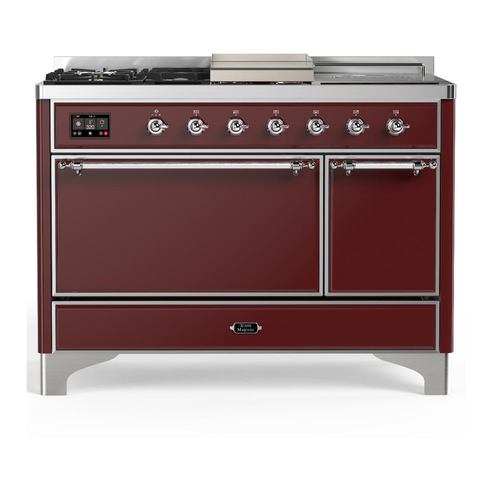 Ilve UM48FSQNR3BUC Ilve Um48Fsqnr3Buc Majestic Iii 48 Inch Dual Fuel Range With 5 Black Brass Burners, Griddle And French Top, Dual Function Burner Up To 25,000 Btu (Natural Gas, Solid Door, Burgundy, Chrome)