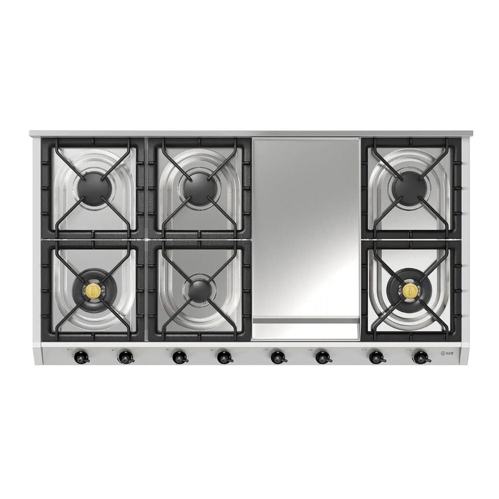 Ilve UHCP1265FNSSBLP Ilve Uhcp1265Fnssblp Nostalgie Ii 48 Inch Gas Cooktop With 8 Burners, Griddle, In Stainless Steel (Liquid Propane, Burnished)