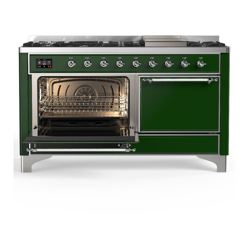 Ilve UM60FQNR3EGCLP Ilve Um60Fqnr3Egclp Majestic Iii 60 Inch Dual Fuel Range With 9 Burners And Griddle, Dual Function Burner Up To 25,000 Btu (Liquid Propane, Solid Door, Emerald Green, Chrome)
