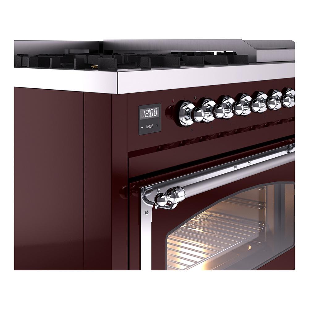 Ilve UN48FNMPBUC Ilve Un48Fnmpbuc Nostalgie Ii Noblesse 48" Dual Fuel Range (8 Sealed Burners + Griddle, Natural Gas, Triple Glass Door, Burgundy, Chrome)