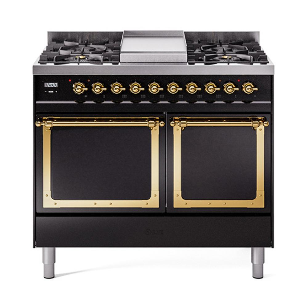 Ilve UND40FQNMPBKGLP Ilve Und40Fqnmpbkglp Nostalgie Ii Noblesse 40" Dual Fuel Range (Liquid Propane, Solid Door, Glossy Black, Brass)